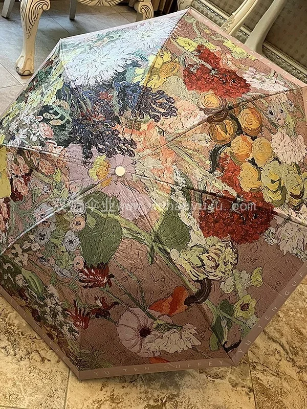 油画茶花复古高级黑胶伞小巧便携胶囊伞三折叠晴雨两用广告礼品伞