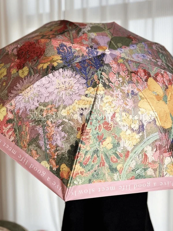 油画茶花复古高级黑胶伞小巧便携胶囊伞三折叠晴雨两用广告礼品伞