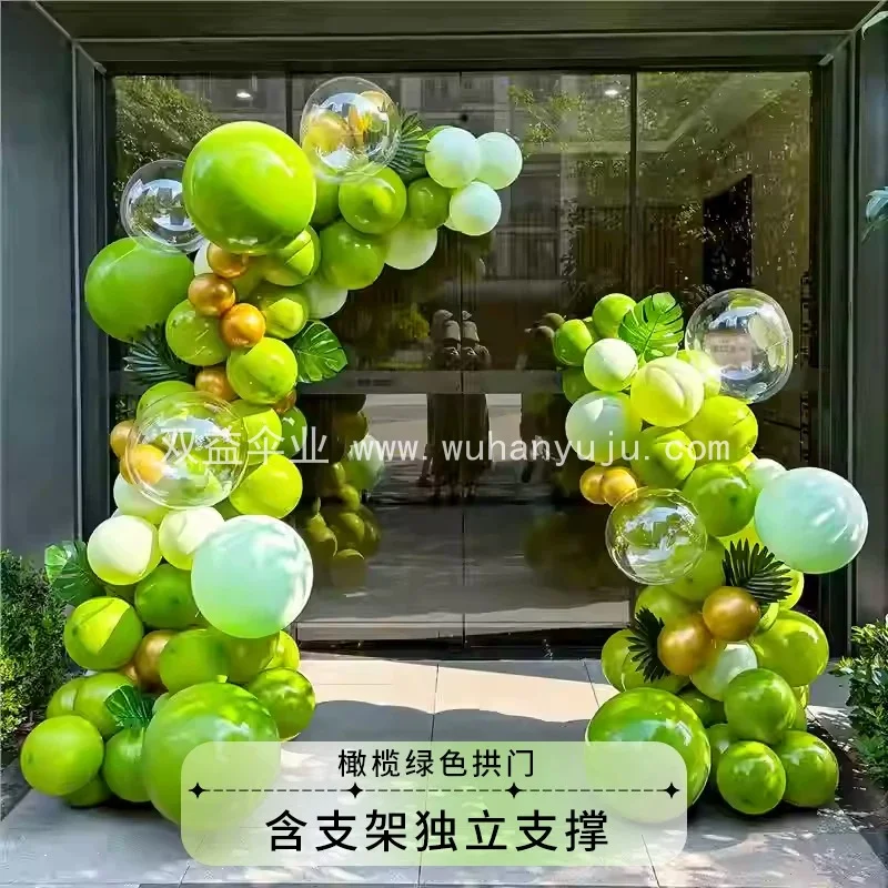 橄榄绿色开业庆典立柱拱门气球布置公司店铺商场周年活动场景装饰