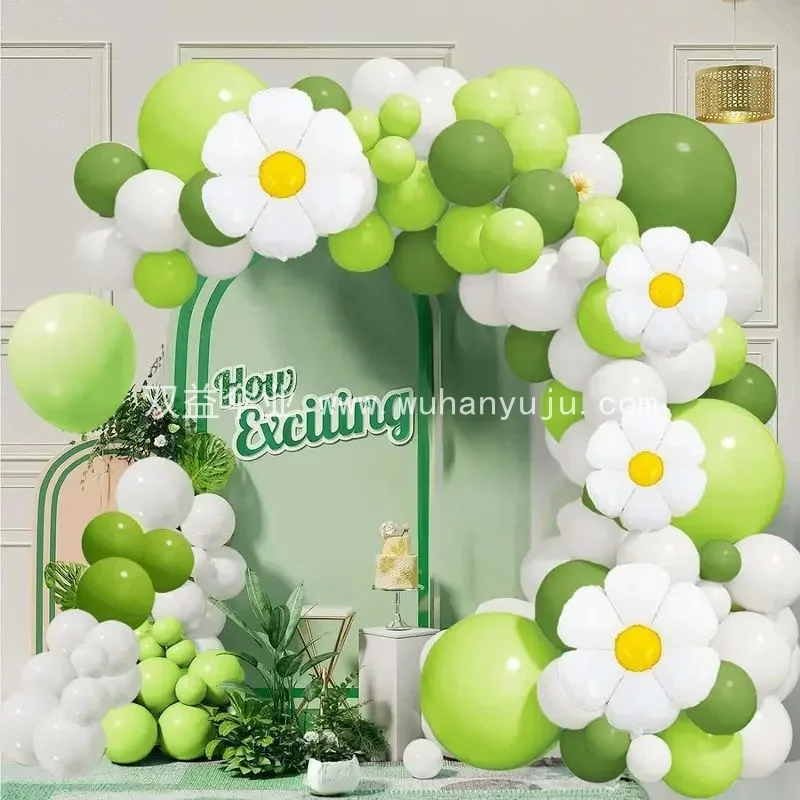新款雏菊拍照花朵牛油果浅绿色乳胶气球户外布置生日装饰拱门套装